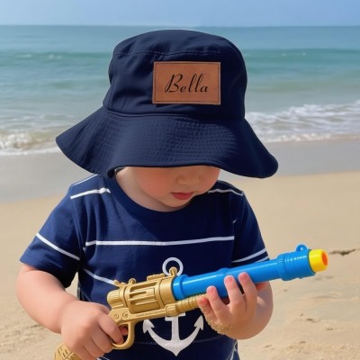 Personalised Toddler Leather Name Bucket Hat Adjustable Sun Hat Xmas Gift for Toddler Child Adult