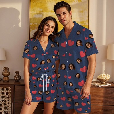 Personalised Couple Face Short Sleeve Pajamas Red Heart Photo Pajamas Valentines Day Gift Anniversary Engagement