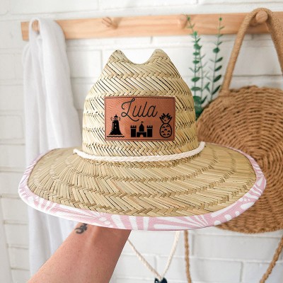 Personalised Leather Name Patch Straw Hat Sun Hat With Name and Symbols Xmas Gift for Toddler Child Adult