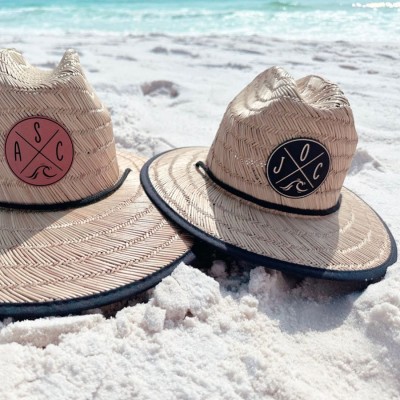 Personalised Leather Name Patch Straw Hat Sun Hat With Initials and Symbols Xmas Gift for Toddler Child Adult