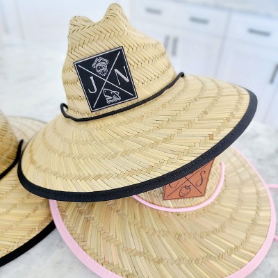 Personalised Leather Name Patch Straw Hat Sun Hat With Initials and Symbols Xmas Gift for Toddler Child Adult