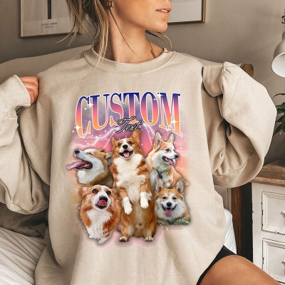 Personalised Photo Bootleg Rap Dog Tshirt Sweatshirt Hoodie Vintage 90s Graphic Shirt Gift for Pet Lovers