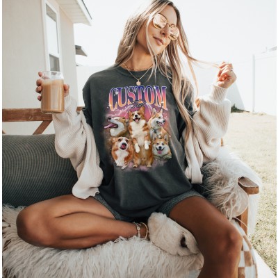 Personalised Photo Bootleg Rap Dog Tshirt Sweatshirt Hoodie Vintage 90s Graphic Shirt Gift for Pet Lovers